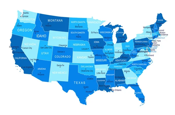 Karte Der Vereinigten Staaten Städte Regionen Vektorillustration — Stockvektor