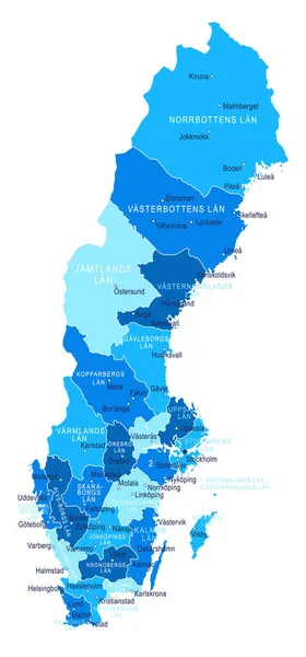 Suecia Mapa Ciudades Regiones Ilustración Vectorial — Vector de stock