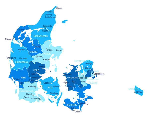 Mappa Della Danimarca Città Regioni Illustrazione Vettoriale — Vettoriale Stock