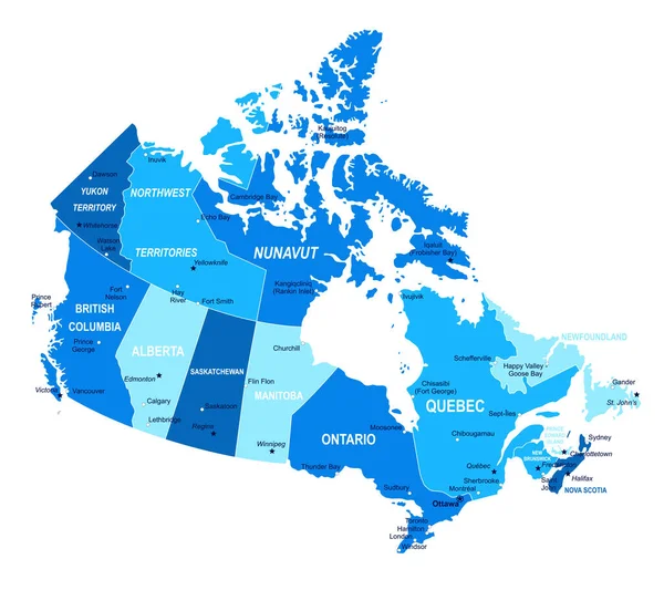 Mapa Canadá Regiões Das Cidades Ilustração Vetorial — Vetor de Stock