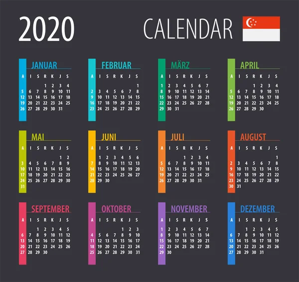 2020 Calendar Illustration Template Mock Singaporean Version — Stock Vector