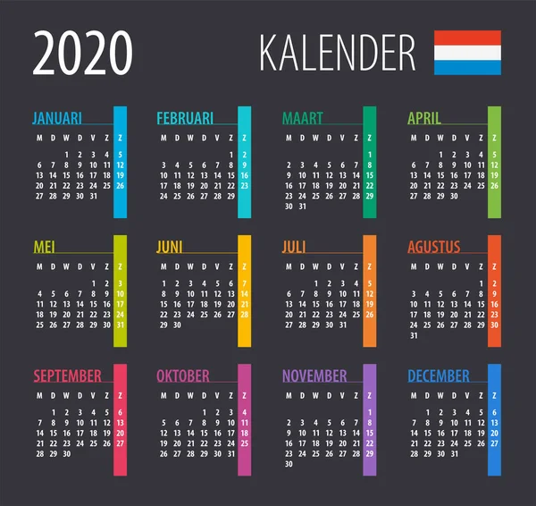 Kalendář 2020 Ilustrace Šablona Vyhonit Holandskou Verzi — Stockový vektor
