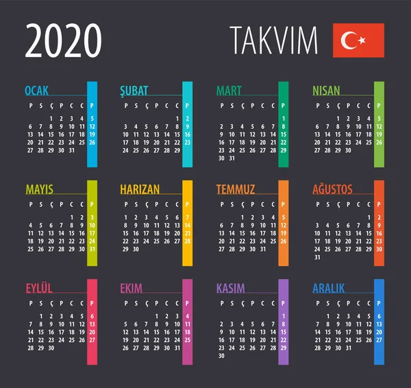 Calendario 2020 Ilustración Plantilla Simular Versión Turca — Vector de stock