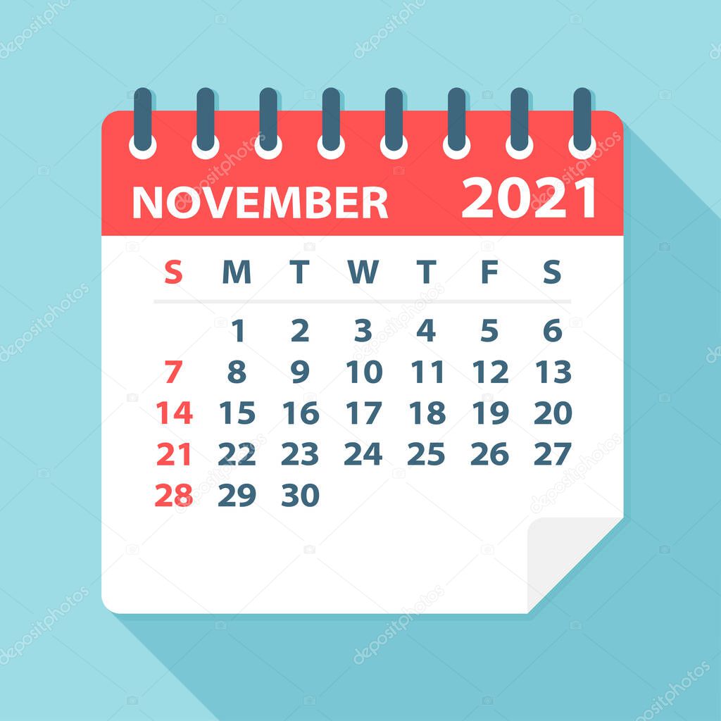 November 2021 Calendar Leaf - Illustration. Vector graphic page