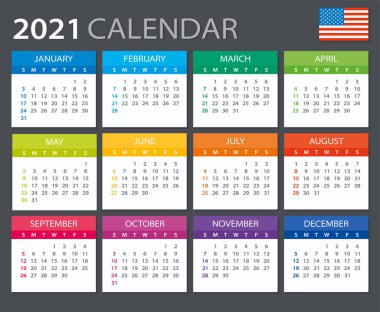 Renk 2021 takviminin vektör şablonu - İngilizce Amerikan sürümü