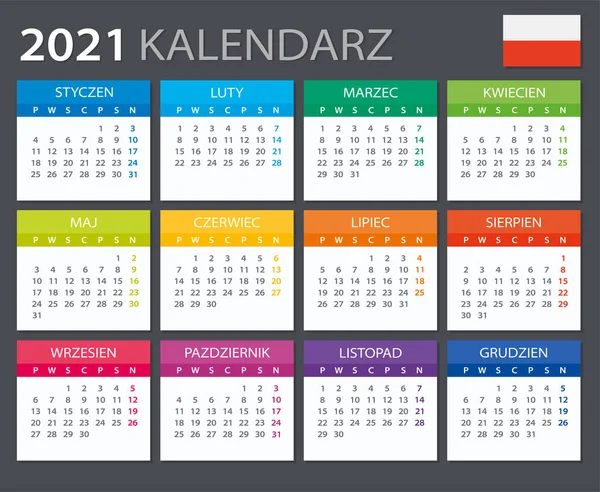 Wektorowy Szablon Koloru 2021 Kalendarz Wersja Polska — Wektor stockowy