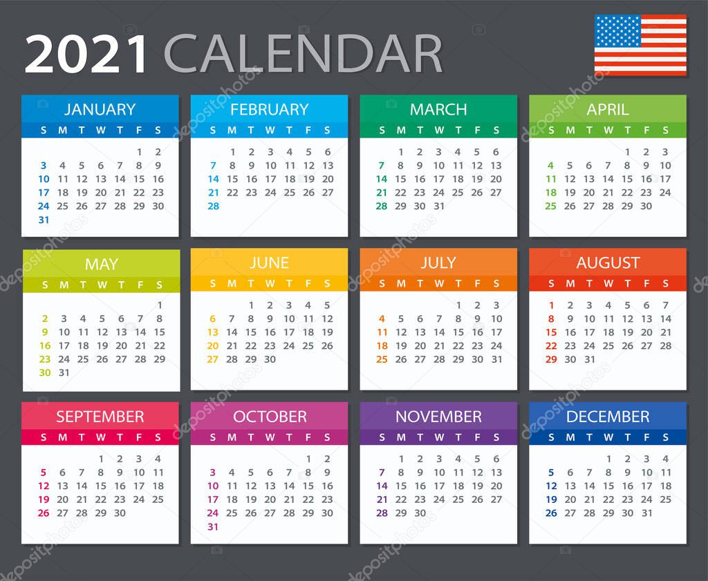 Vector template of color 2021 calendar - English American version
