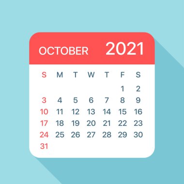 Ekim 2021 Takvim Yaprağı - Vektör İllüstrasyonu