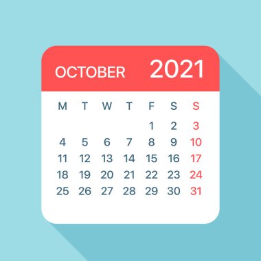 Ekim 2021 Takvim Yaprağı - Vektör İllüstrasyonu