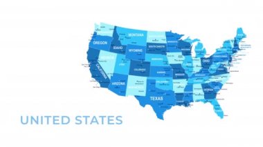 Birleşik Devletler Haritası- Hareketli Grafik Çizgi Film Animasyon Görüntüsü. 4K Çözünürlük Videosu. Şeffaflık Kanalı Alfa Kanalı dahil. Beyaz Arkaplan