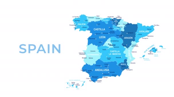 スペイン地図 モーショングラフィック漫画アニメーション映像 4K解像度ビデオ 透過アルファチャンネル付属 白の背景 — ストック動画