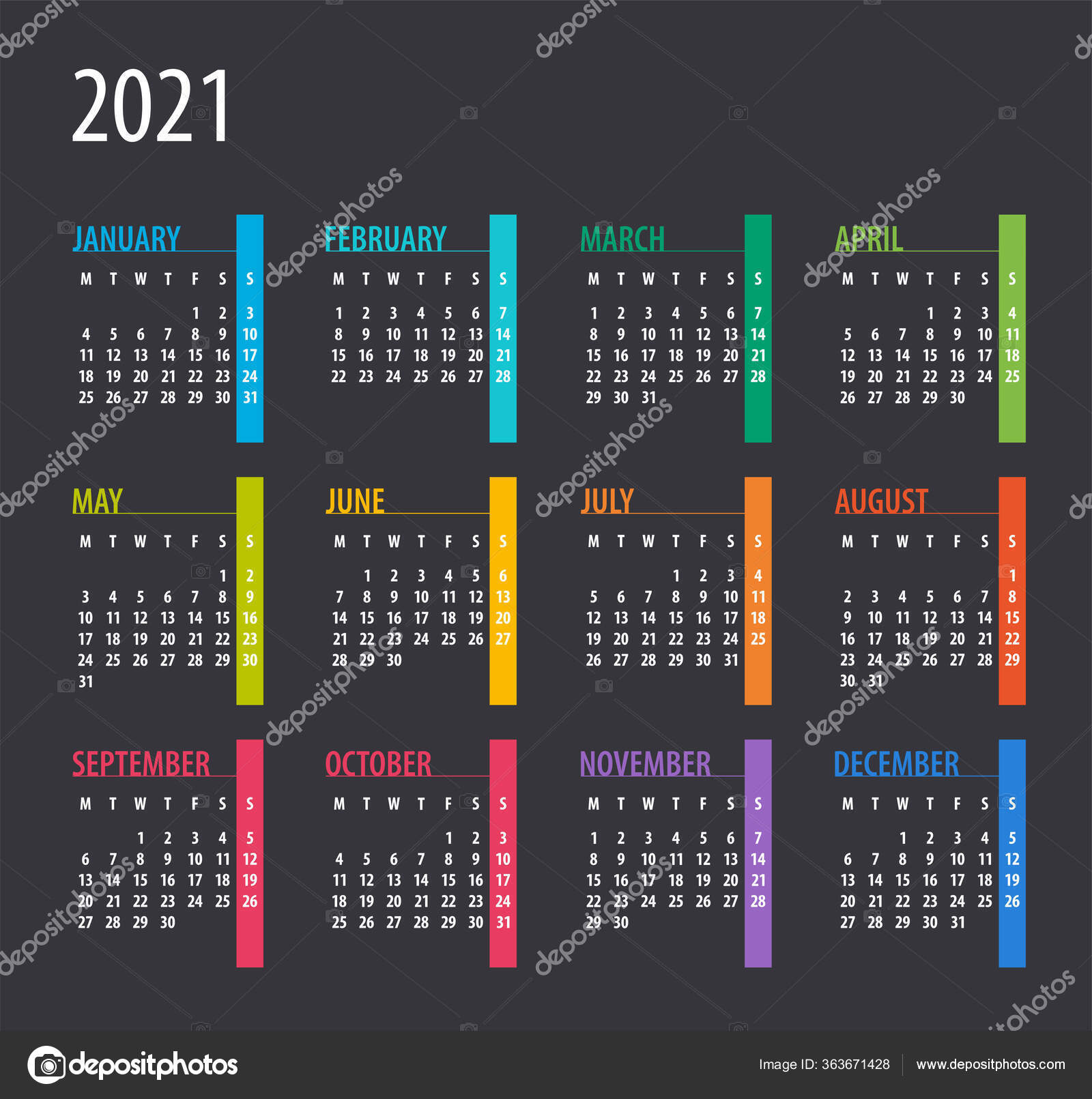 2021 Calendario Ilustración Plantilla Prepárate Semana Comienza Lunes Vector Gráfico Vectorial 