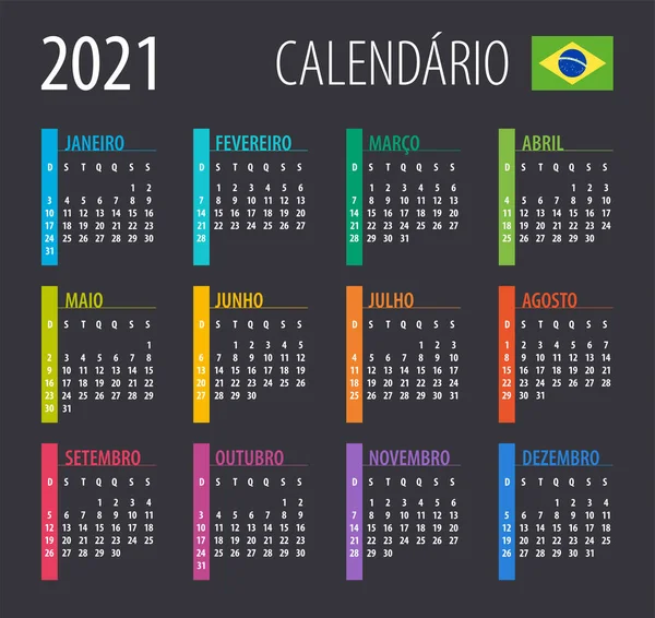 2021 Kalendář Vektorová Ilustrace Šablona Vysmívej Brazilská Verze — Stockový vektor