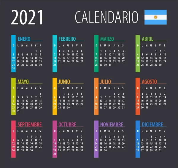 2021 Kalendář Vektorová Ilustrace Šablona Vysmívej Argentinská Verze — Stockový vektor