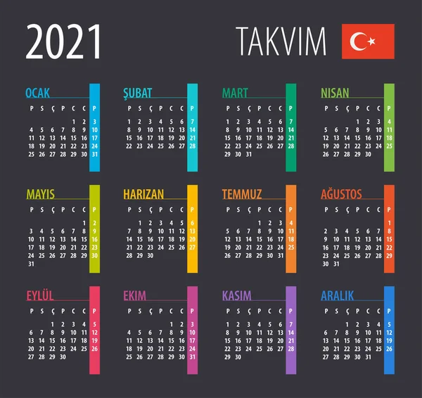 2021 Calendario Ilustración Vectorial Plantilla Prepárate Versión Turca — Vector de stock