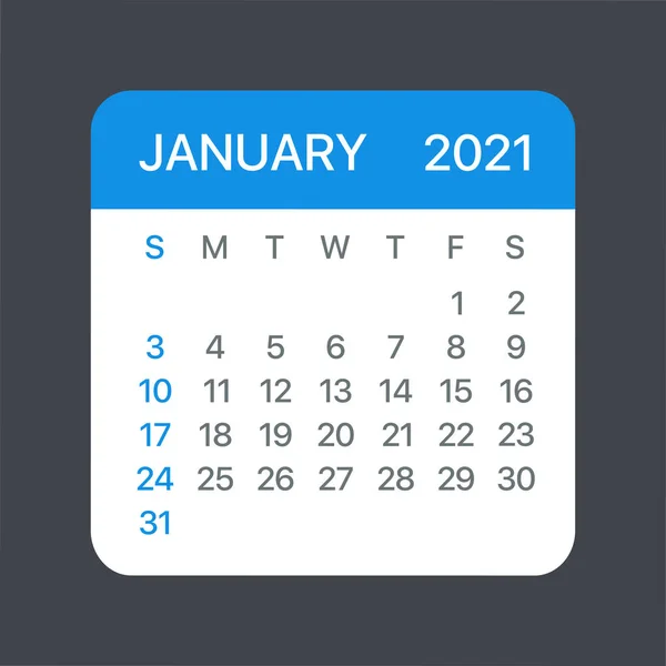 Styczeń 2021 Kalendarz Liść Wektor Szablon Graficzny Ilustracja — Wektor stockowy