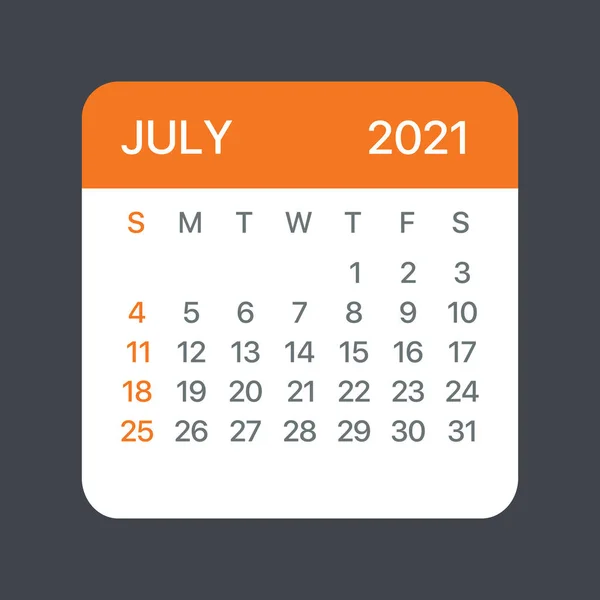 Ιούλιος 2021 Ημερολόγιο Φύλλο Διάνυσμα Πρότυπο Γραφική Απεικόνιση — Διανυσματικό Αρχείο