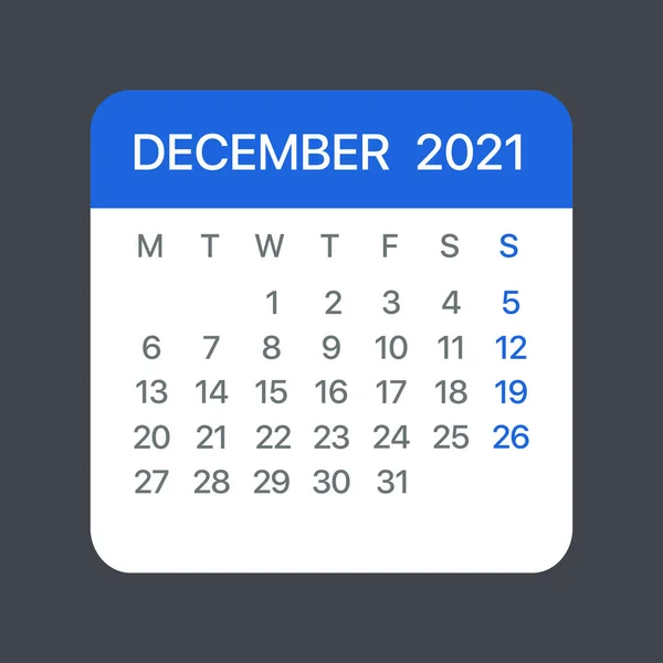 Aralık 2021 Takvim Yaprağı Vektör Şablonu Grafik Llüstrasyonu — Stok Vektör
