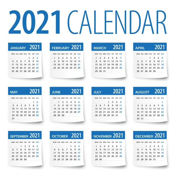 Sada Listů Kalendáře 2021 Ilustrace — Stockový vektor