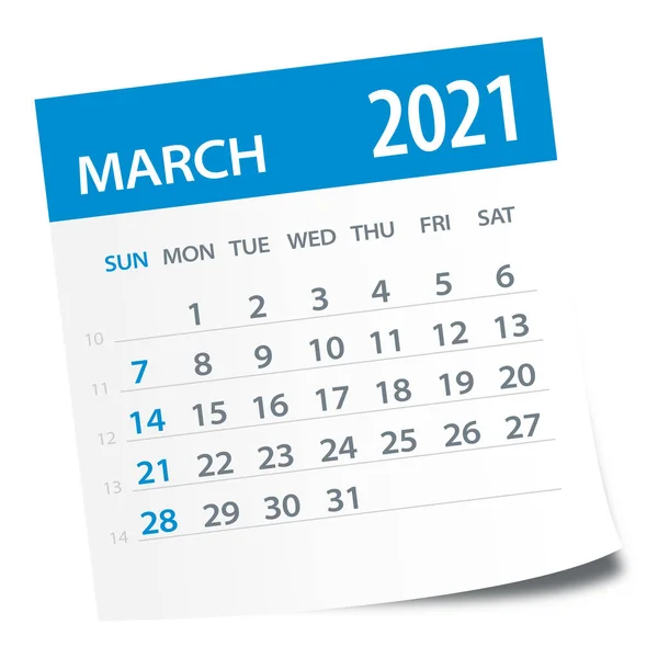 Março 2021 Folha Calendário Ilustração Página Gráfica Vetorial — Vetor de Stock