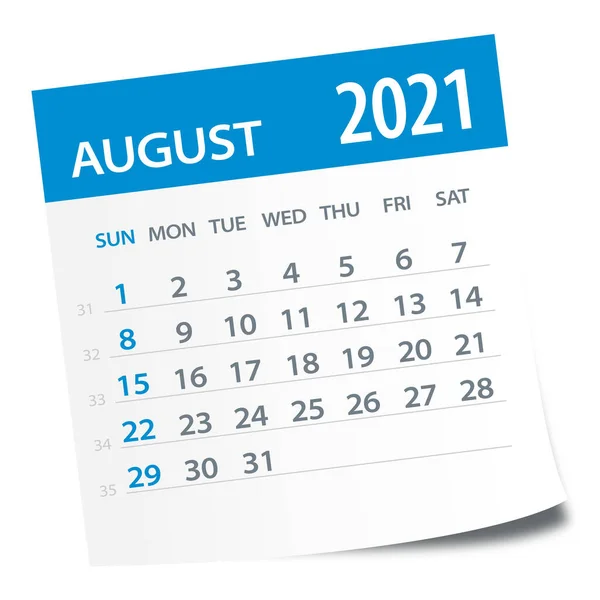 August 2021 Calendar Leaf Illustration Vector Graphic Page — Stock Vector