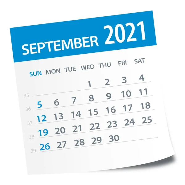 Septembrie 2021 Calendar Leaf Ilustrație Pagina Grafică Vectorială — Vector de stoc