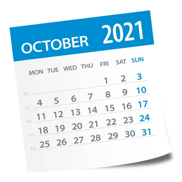 Octombrie 2021 Calendar Leaf Ilustrație Pagina Grafică Vectorială — Vector de stoc