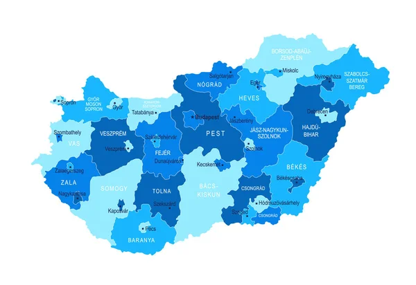 Hungary Map Cities Regions Vector Illustration — Stock Vector