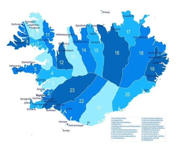 Islandia Mapa Ciudades Regiones Ilustración Vectorial — Archivo Imágenes Vectoriales