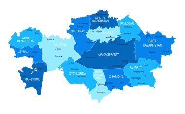 Kazakistan haritası. Şehirler Bölgeleri Vektör illüstrasyonu