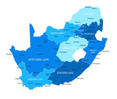 Güney Afrika haritası. Şehirler Bölgeleri Vektör illüstrasyonu