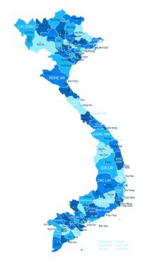 Vietnam haritası. Şehirler Bölgeleri Vektör illüstrasyonu