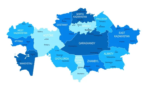 Kazajstán Mapa Ciudades Regiones Ilustración Vectorial — Vector de stock