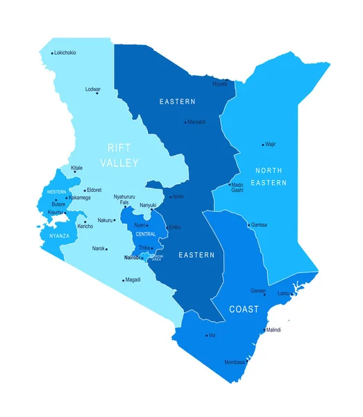 Kenia Karte Städte Regionen Vektorillustration — Stockvektor