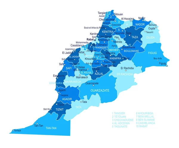 Mappa Del Marocco Città Regioni Illustrazione Vettoriale — Vettoriale Stock