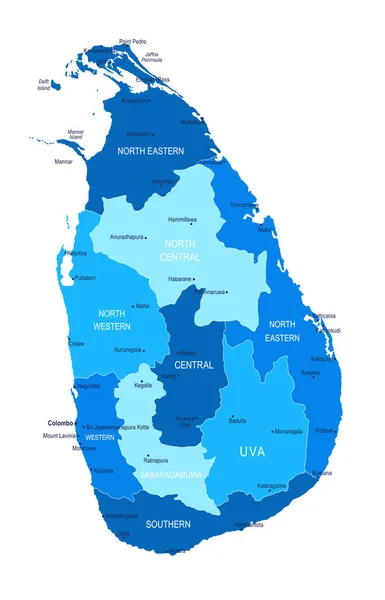 Sri Lanka Haritası Şehirler Bölgeleri Vektör Illüstrasyonu — Stok Vektör