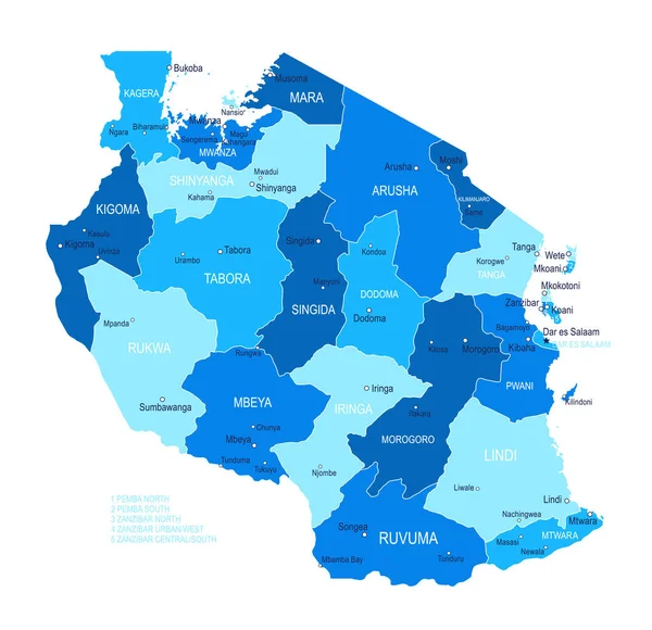 Mapa Tanzanii Regiony Miejskie Ilustracja Wektora — Wektor stockowy