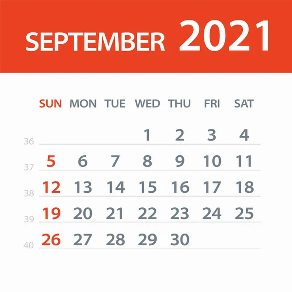 2021年9月カレンダー葉 イラスト ベクトルグラフィックページ — ストックベクタ