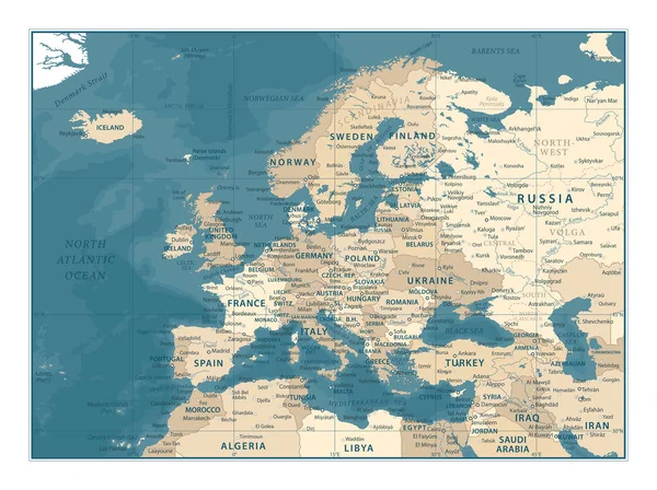 Mappa Europa Illustrazione Vettoriale Dettagliata Vintage — Vettoriale Stock