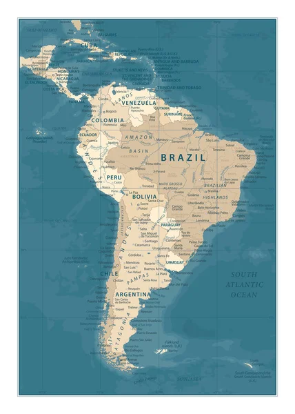 南美洲地图 旧版详细矢量图解 — 图库矢量图片