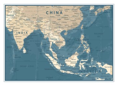 Güneydoğu Asya Haritası - Vintage Detaylı Vektör İllüstrasyonu