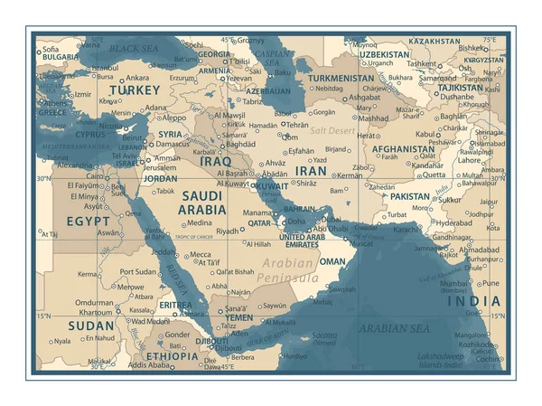 Mapa Oriente Médio Ilustração Vetorial Detalhada Vintage —  Vetores de Stock