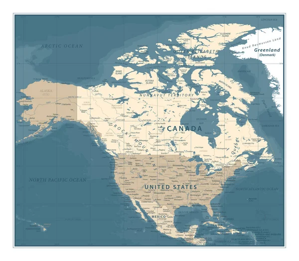 Mapa Severní Ameriky Ročník Podrobný Vektorový Ilustrace — Stockový vektor