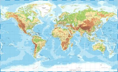 Dünya Haritası Fiziksel Topografik - Vektör Ayrıntılı Resimler