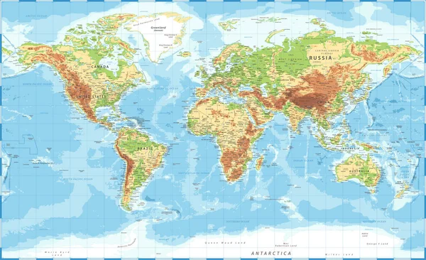 Mappa Del Mondo Topografico Fisico Illustrazione Dettagliata Vettoriale — Vettoriale Stock