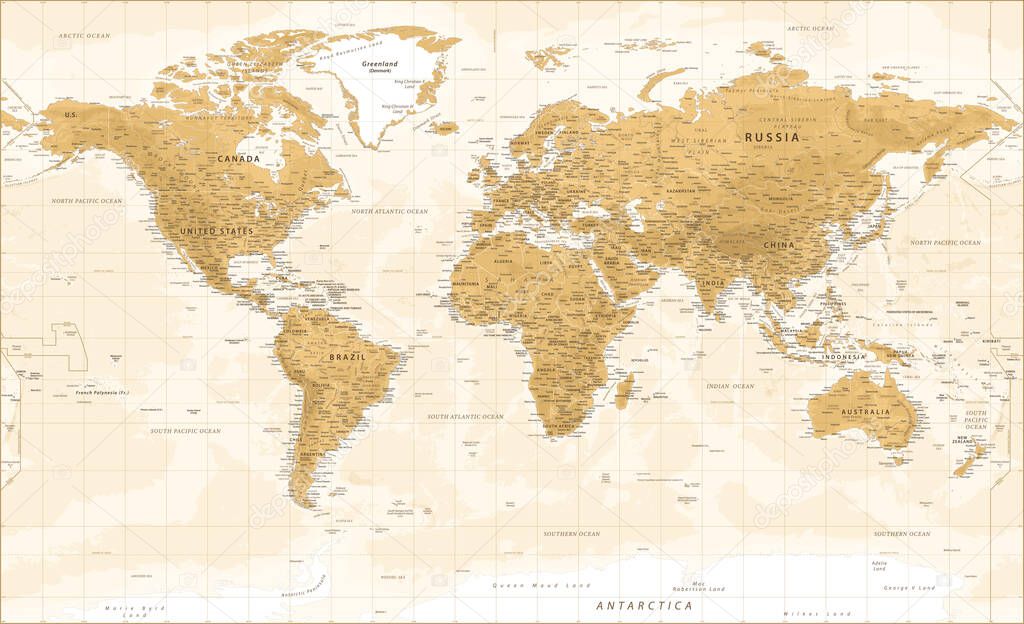World Map - Golden Vintage Physical Topographic - Vector Detailed