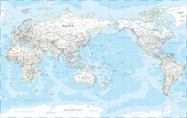 Dünya Haritası - Pasifik Görünümü - Asya Çin Merkezi - Siyasi Topografi - Vektör Ayrıntılı