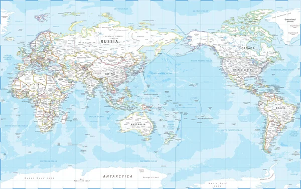 Mapa Světa Pacific View Asia China Center Politická Topografie Vektor — Stockový vektor
