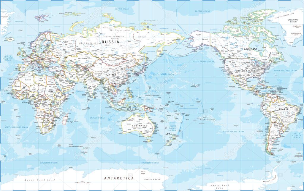 World Map - Pacific View - Asia China Center - Political Topographic - Vector Detailed