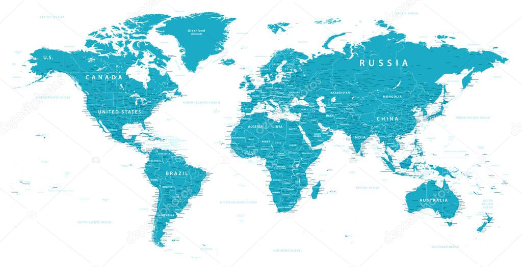 World Map Political - vector. Highly detailed map of the world: countries, cities, water objects